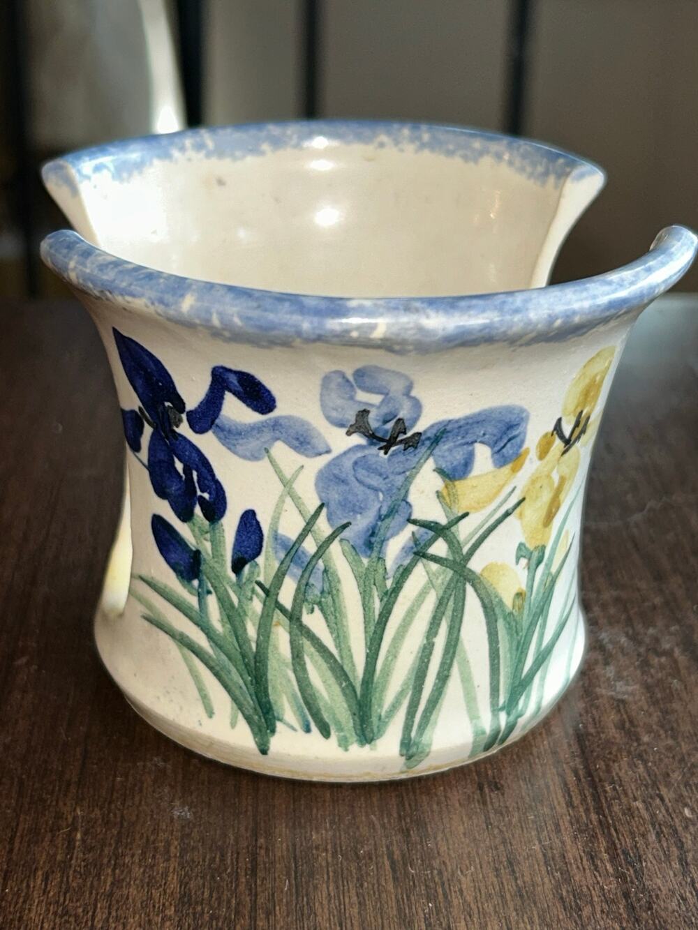 Vintage hand-painted ceramic stoneware napkin holder floral iris